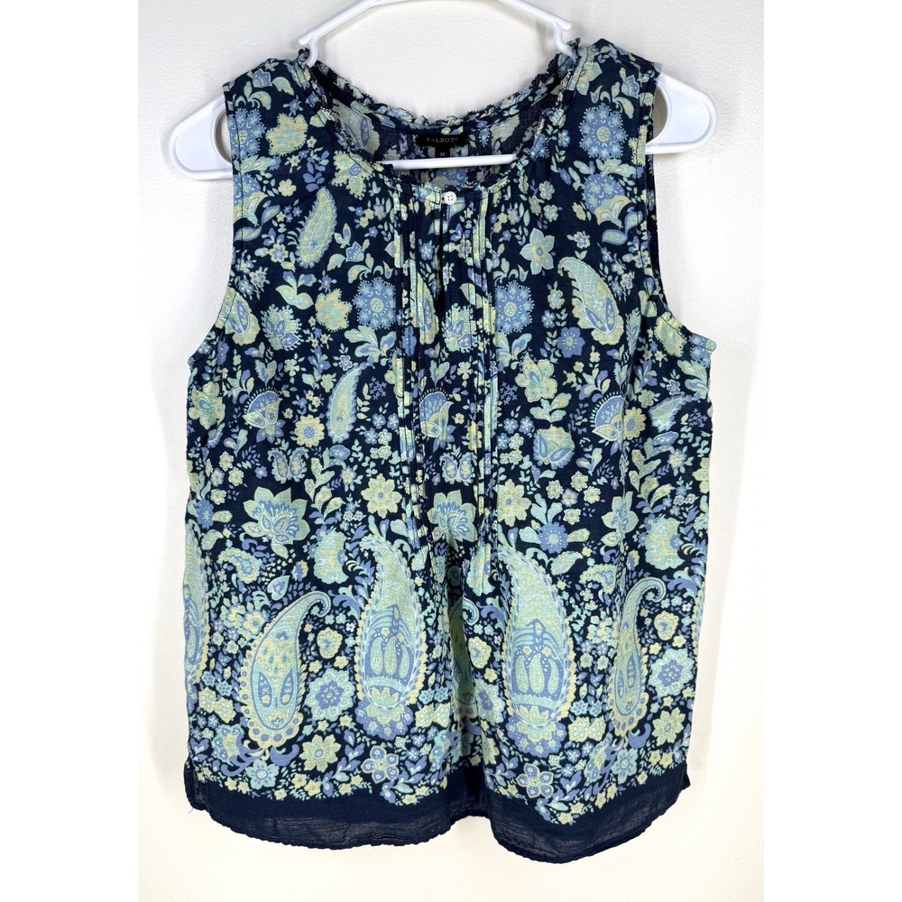 TALBOTS Women's Cotton Sleeveless Top Tank Lightweight Paisley Pintuck Pleats M